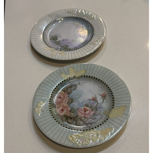 Vtg Linea Custom Painted Plates Porcelain Floral Butterflies Set Of Two 7.75" - Picture 2 of 11